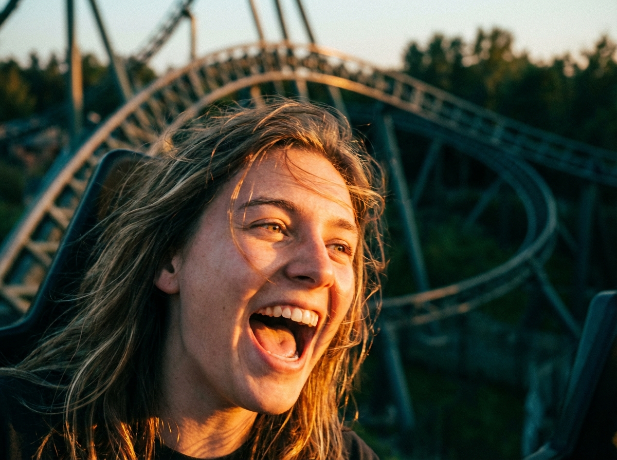 A rider's reaction caught mid-ride